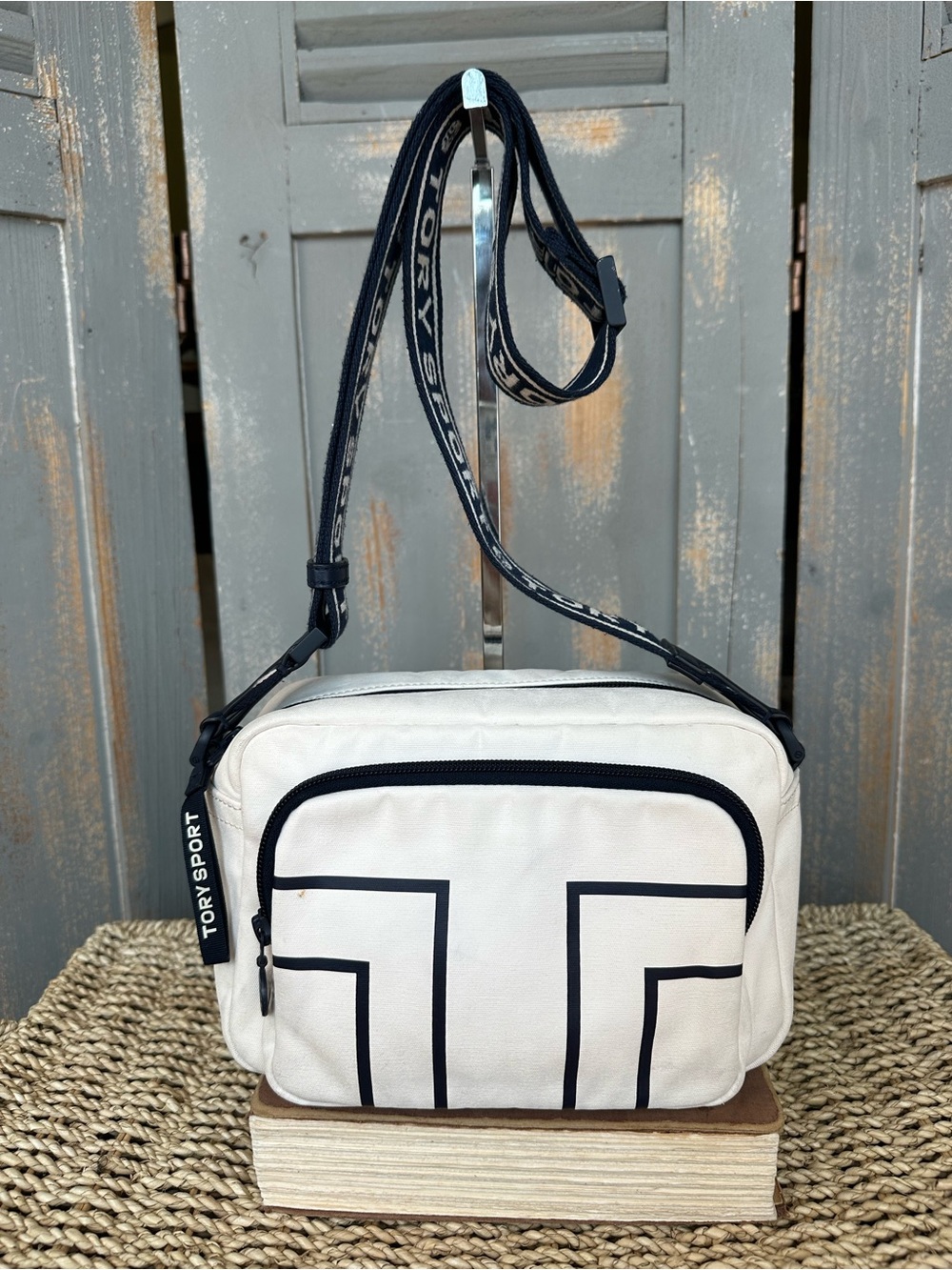 Tory Sport Coated Canvas Crossbody White Navy